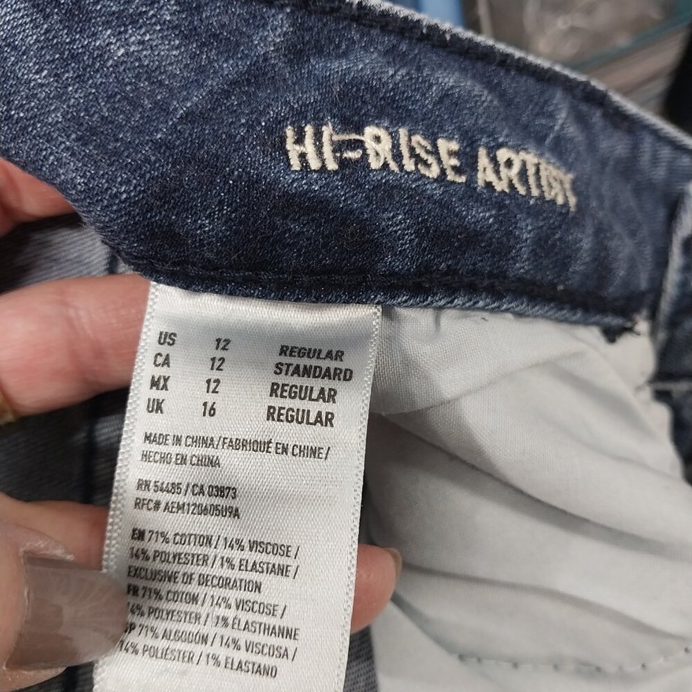 3330 Size 12 American Eagle High-rise Appliqued Quilted Bleach Dyed Jeans - Picture 7 of 7